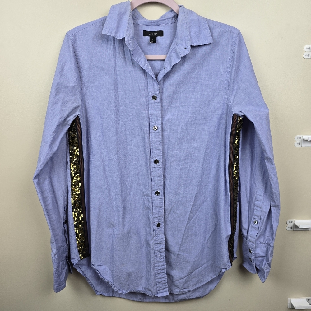 J. Crew Blue Tuxedo Sequin Side Stripe Button Down Shirt Size 6
